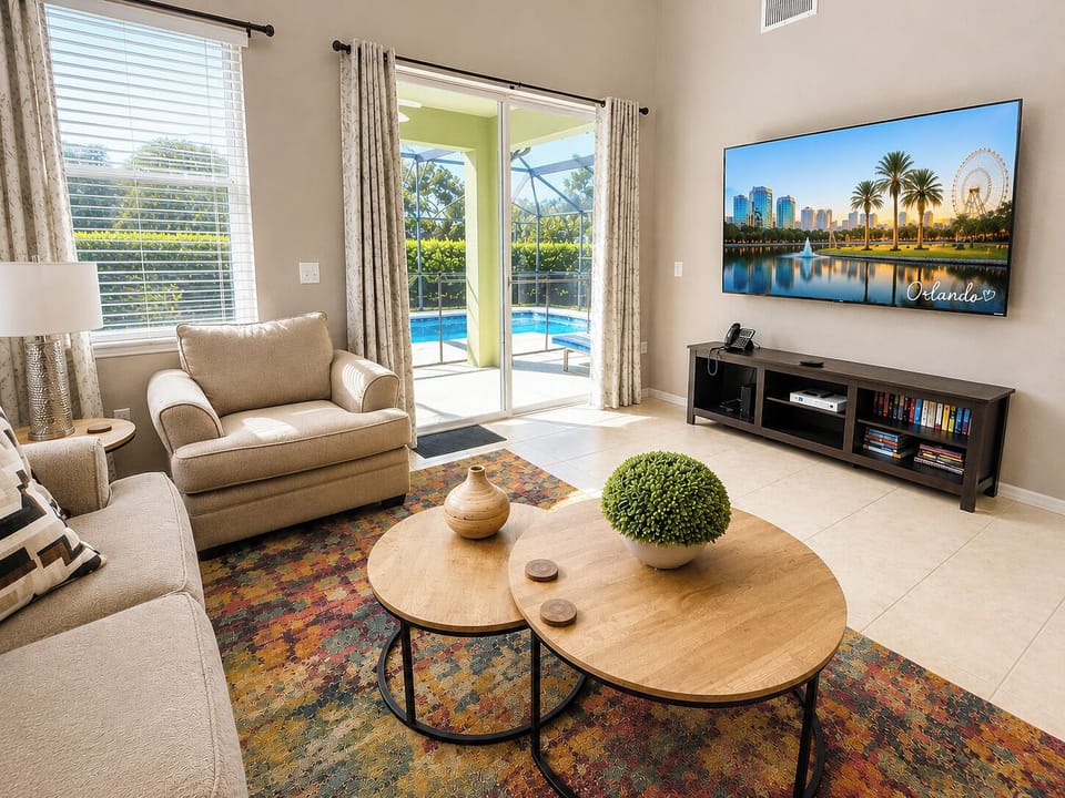 Living room showing pool access.