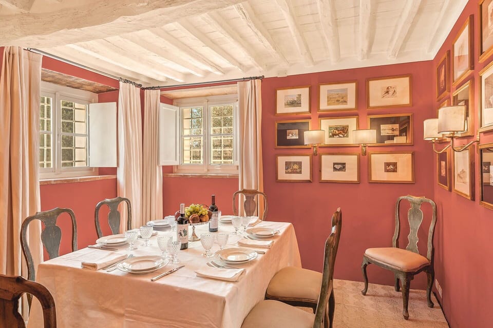 Furniture, Interior Design, Textile, Table, Brown, Orange, Room, Ceiling, Pink, Chair
