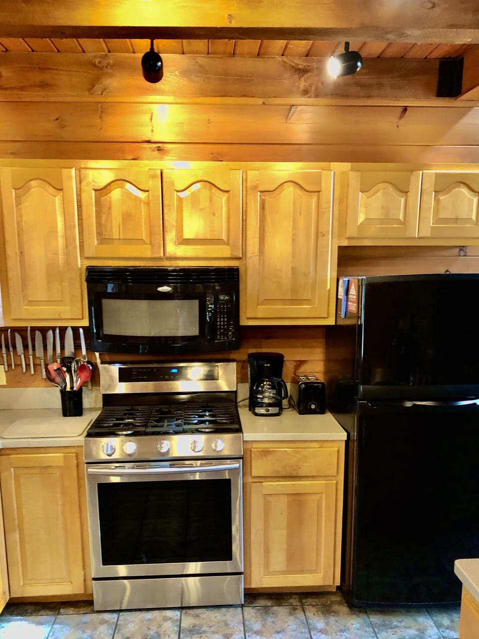 The gas stove and full-size refrigerator and freezer are available for use.