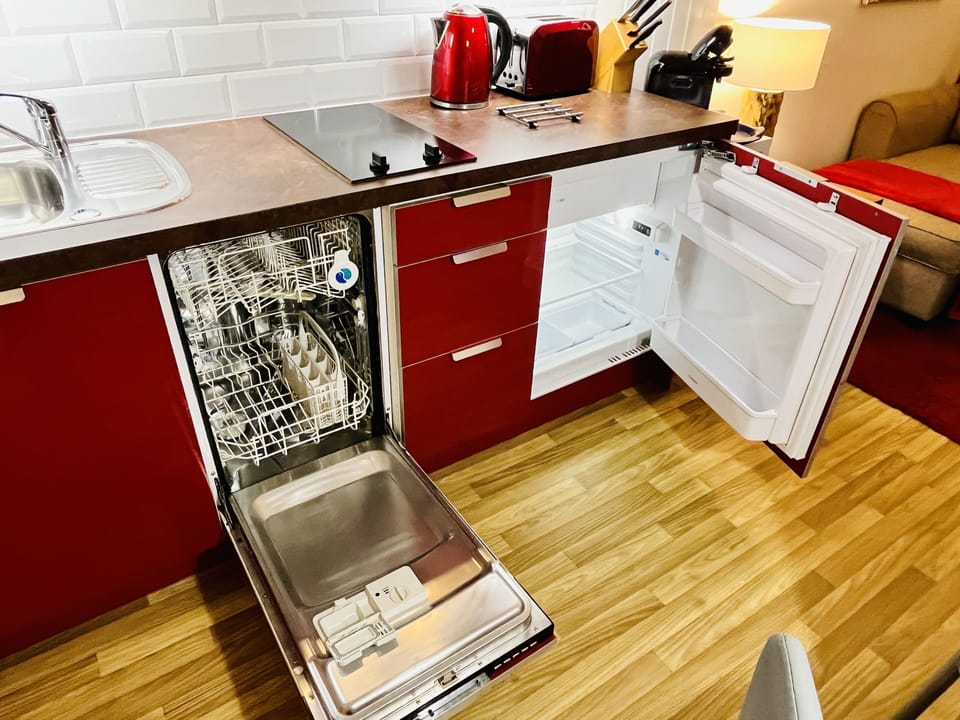 Fully equipped kitchen with integrated dishwasher and fridge.
