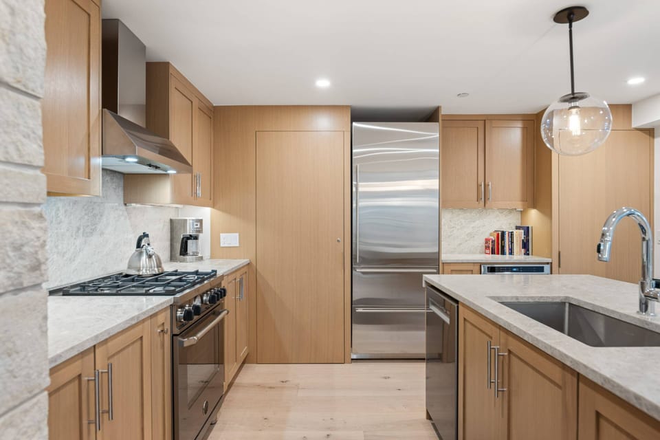The luxurious kitchen is fully stocked for you to enjoy dining at home during your stay.  Just a few blocks away however you will find many wonderful