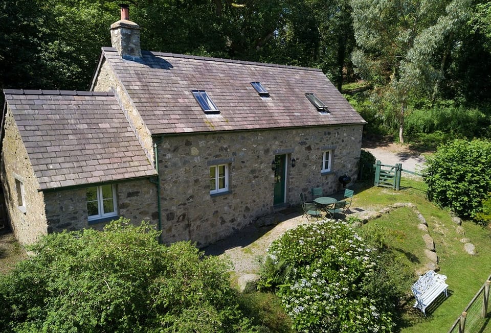 Tyddyn Derwen, nestled in woodland and overlooking a field