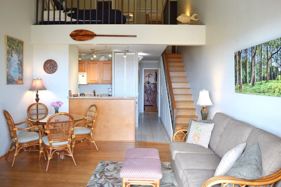 Living area with stairs to the loft