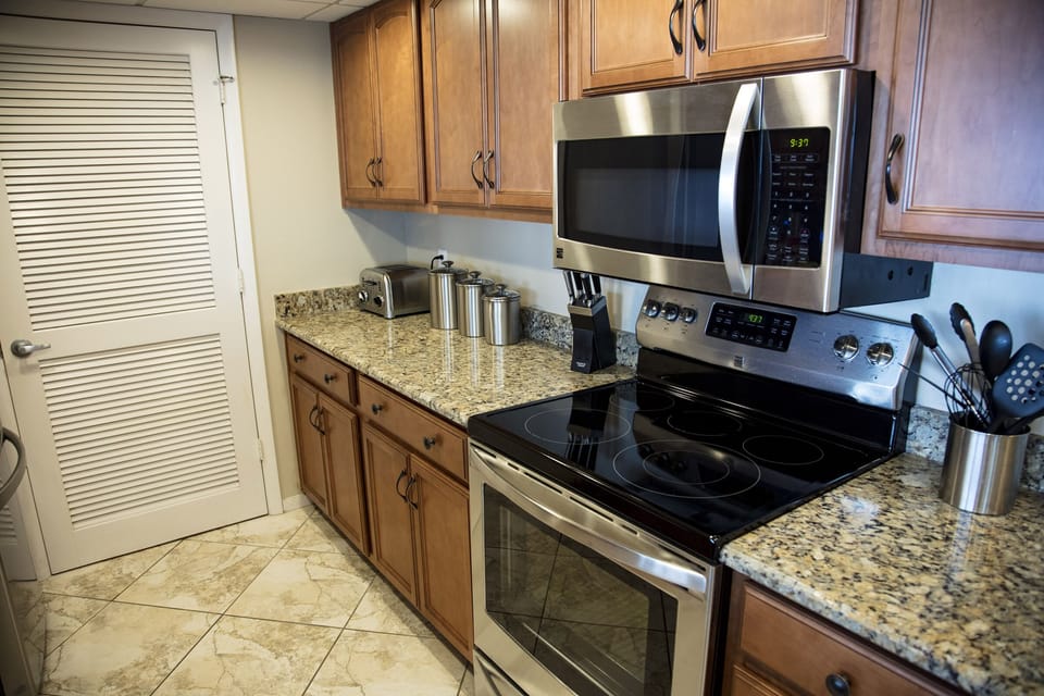 All the amenities of home in this fully stocked kitchen.