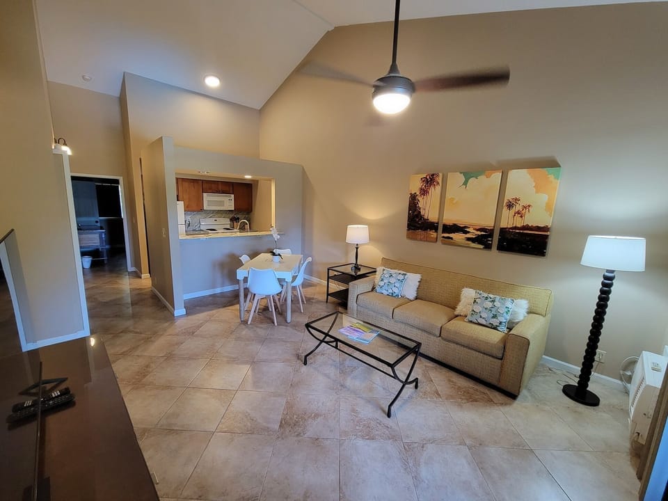 Living room, dining area, kitchen and hall to the bedroom