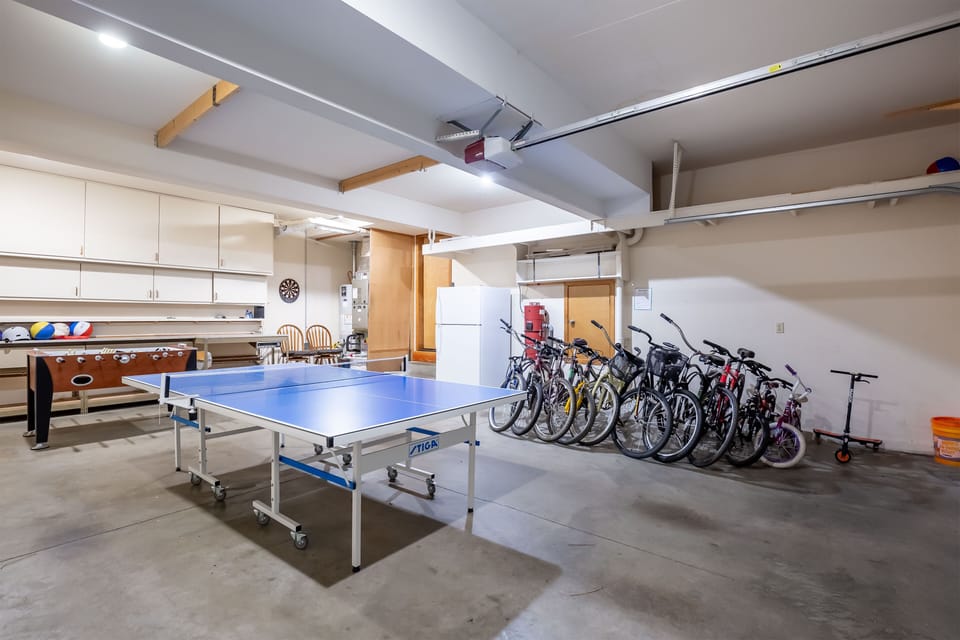 Foosball, Ping Pong, and Bikes in Garage