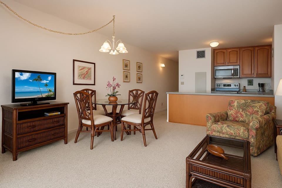 Your open-concept living and dining area invites you to relax in tropical style, with a fully equipped kitchen perfect for easy island living.