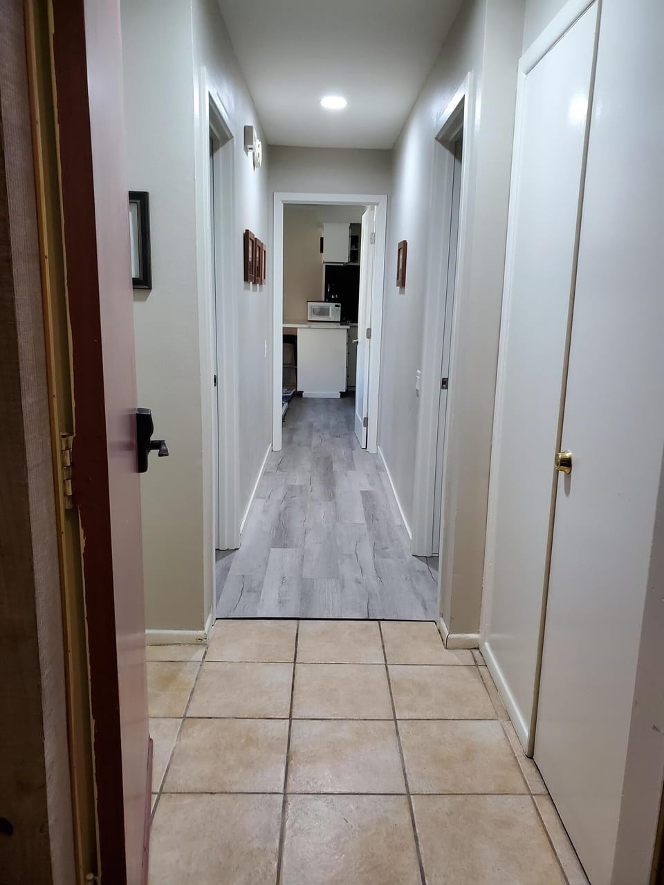 View from opening the door, looking down hall to kitchen/living room area