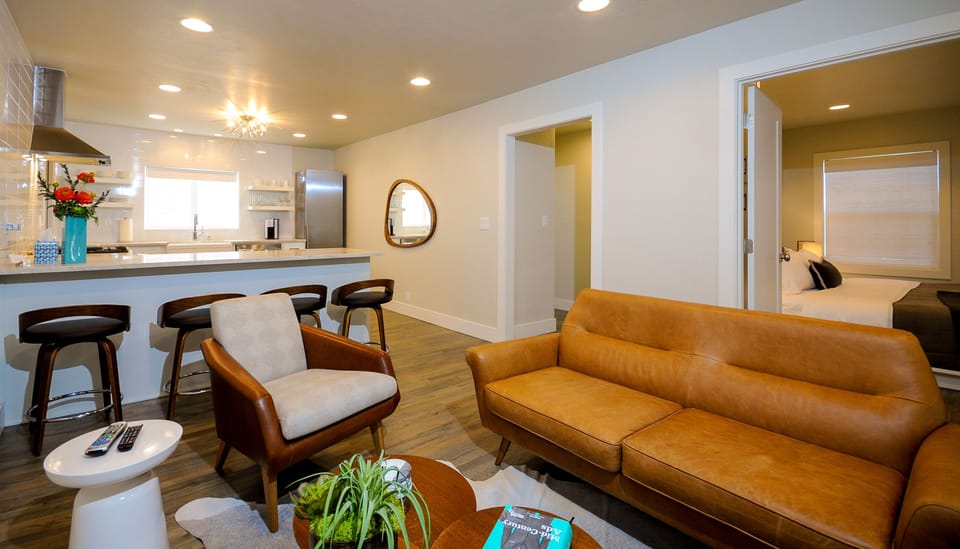 Open floor plan with real hardwood floors