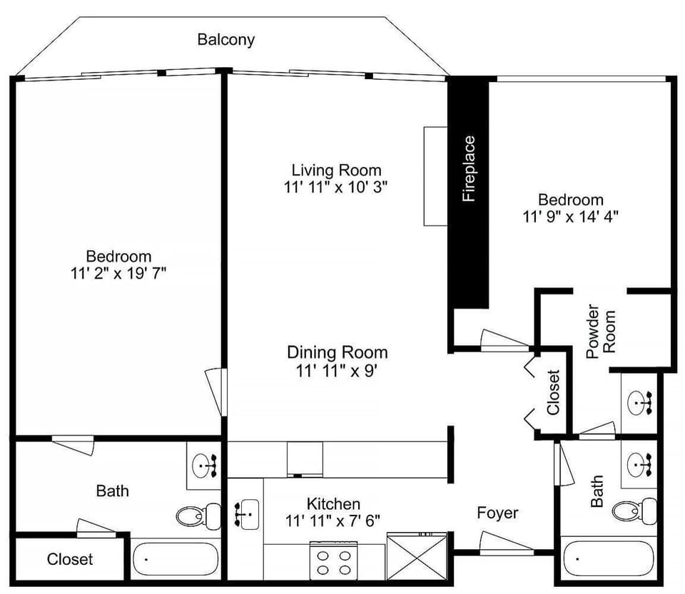 Clear floor plan shows spacious two-bedroom layout with living room, full kitchen, and private balcony for your mountain getaway.