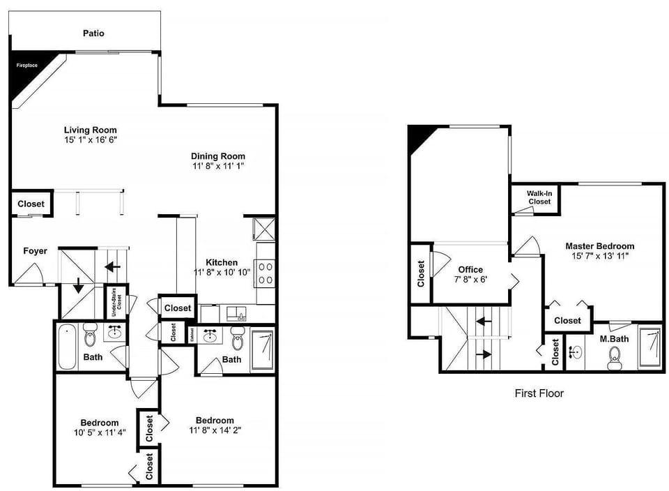 Spacious multi-level floor plan showing your home away from home with three bedrooms, office space, and outdoor patio for gatherings.