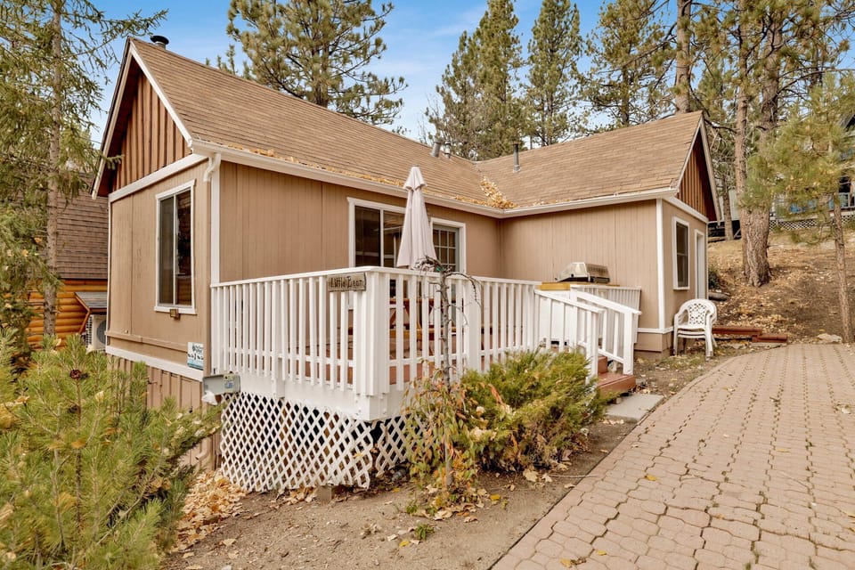 Private cabin deck with BBQ grill and picnic table, perfect for outdoor dining, grilling, and relaxing among tall pines—ideal for cozy mountain stays and memorable Airbnb getaways.