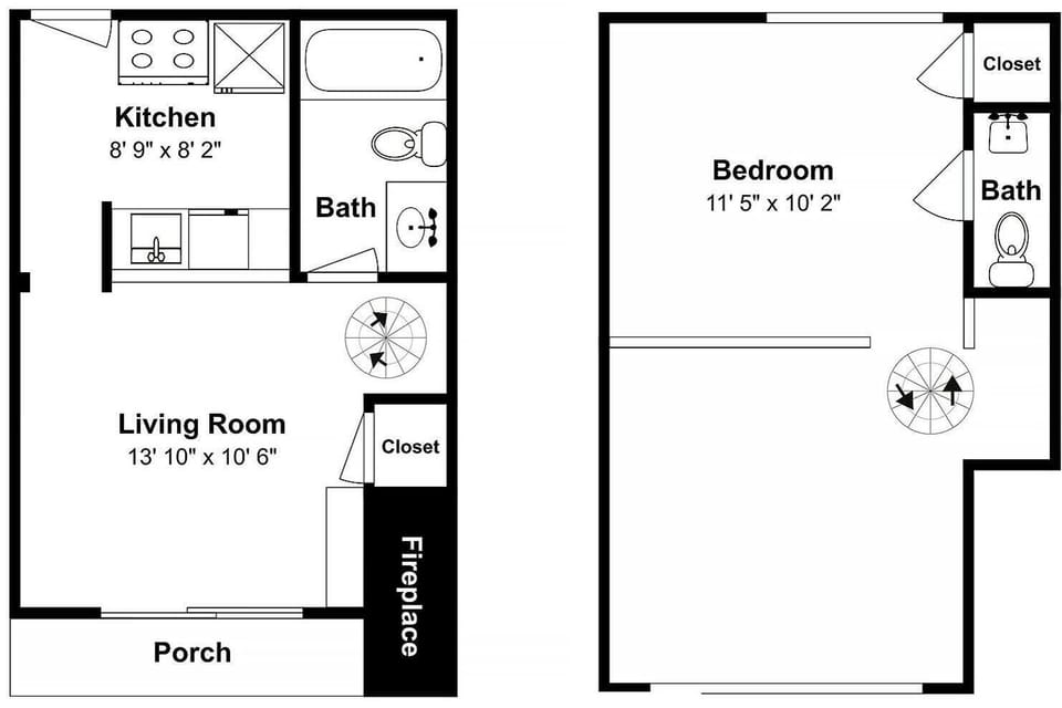 Floor plan showing your spacious layout with full kitchen, comfortable living room, bedroom, and bathroom across two levels.