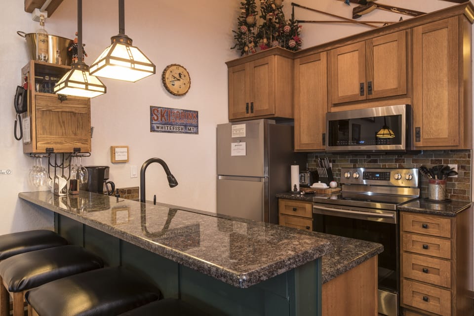 Fully stocked remodeled kitchen.