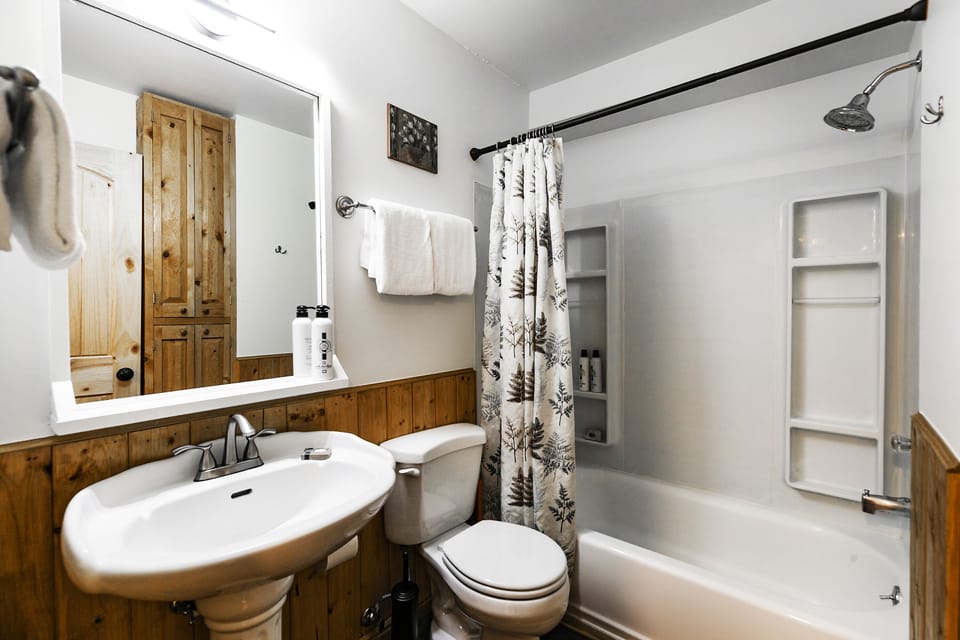 Full en-suite bathroom off the bedroom with shower/tub combo
