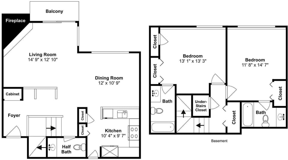 Spacious floor plan showcases two bedrooms, two full baths, and open-concept living with kitchen, dining, and cozy fireplace.