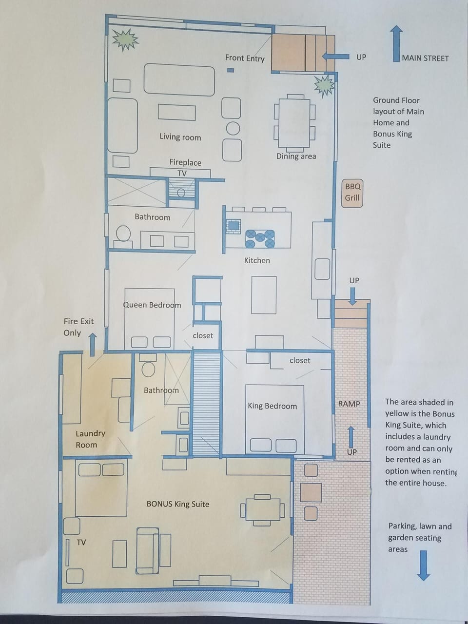 Floor plan of the home - yellow shaded area is an optional space to rent