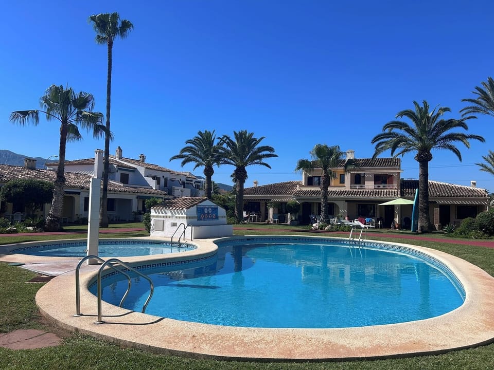 Sunny shared pool surrounded by palm trees and gardens
