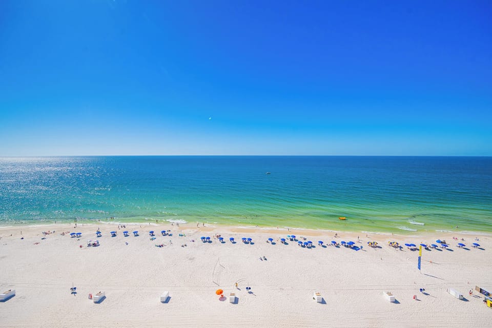 Relax as sparkling blue water stretches to meet the horizon under a clear sky on this bright day