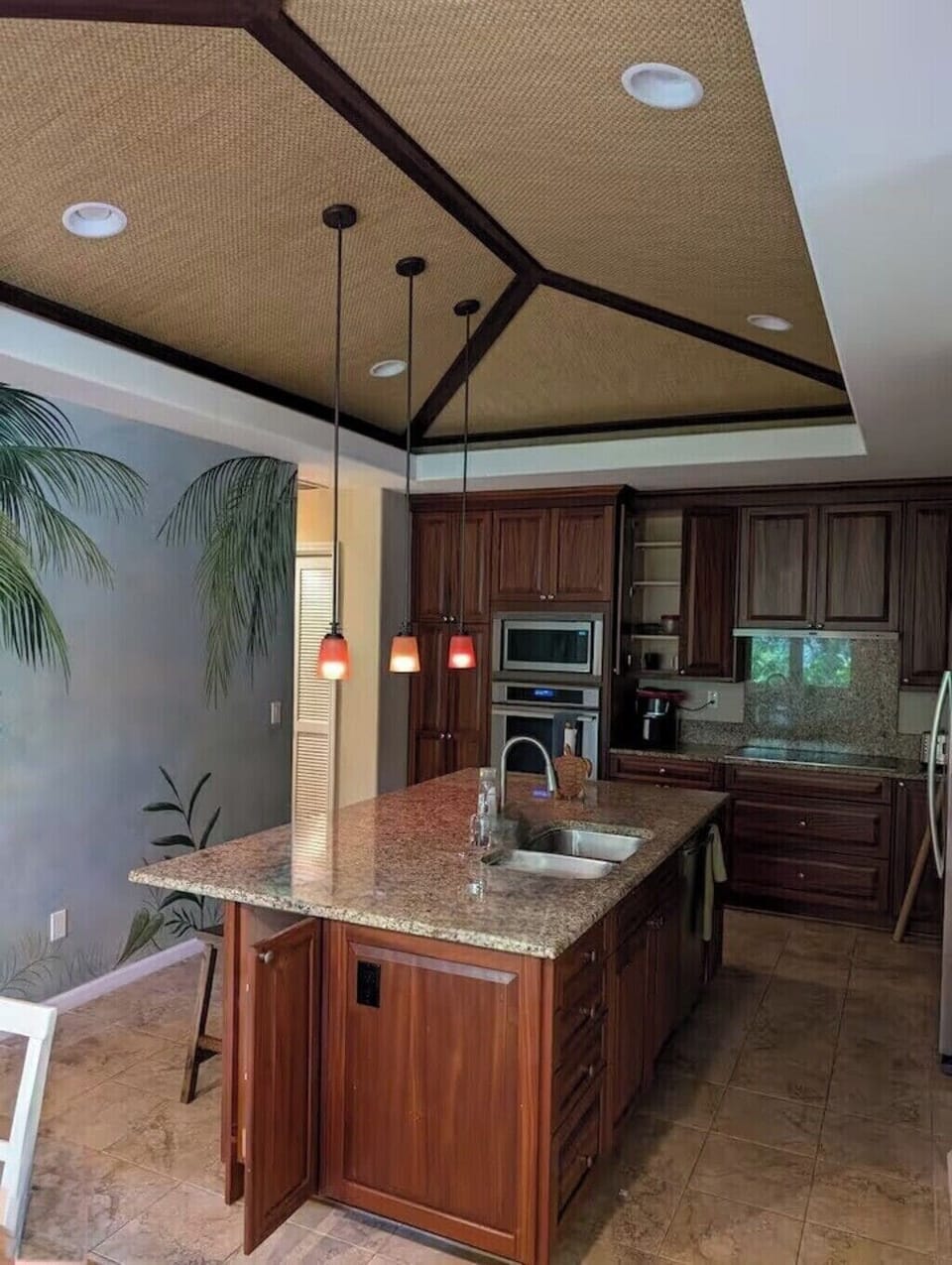 Kitchen, electric stove top, Bosch dishwasher, microwave, stove, grass ceiling