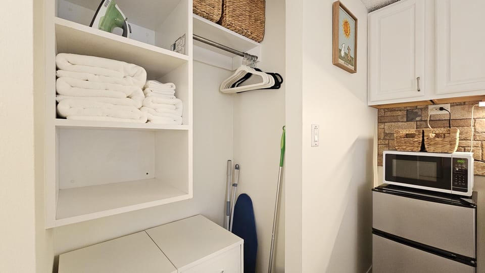 Compact laundry nook with modern washer and organized shelving