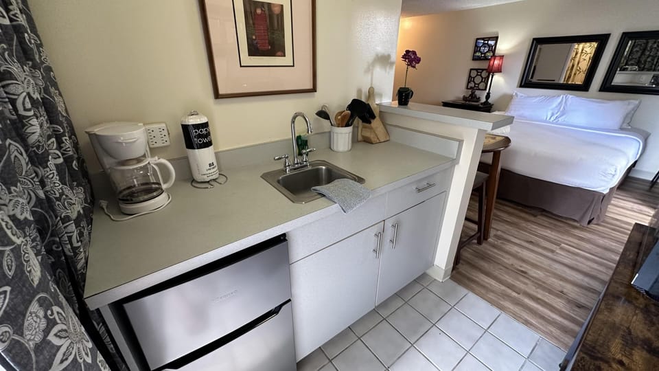 Cozy kitchenette with modern amenities and open living area