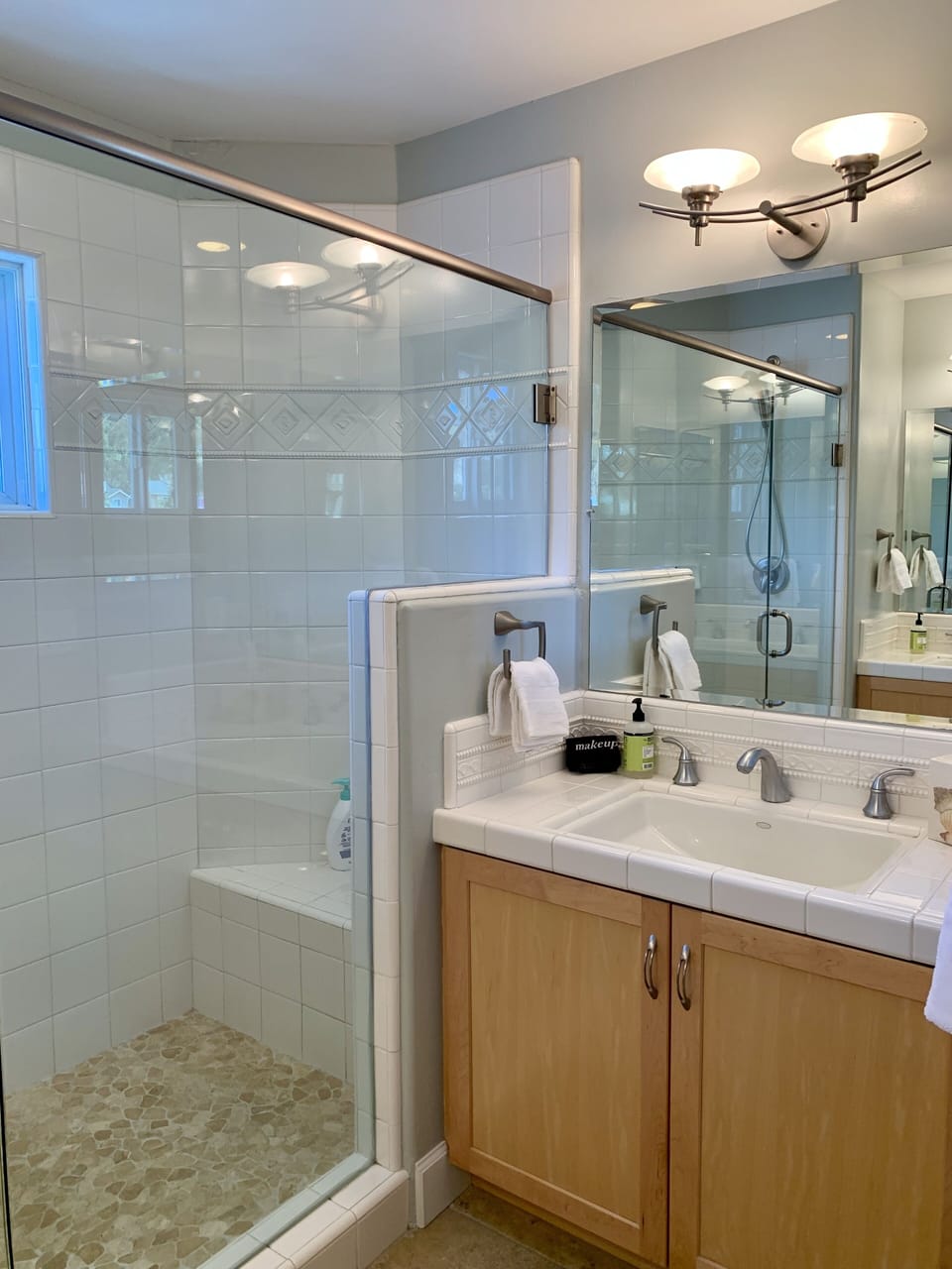 Master ensuite has two separate counter sink areas, large walk-in shower.
