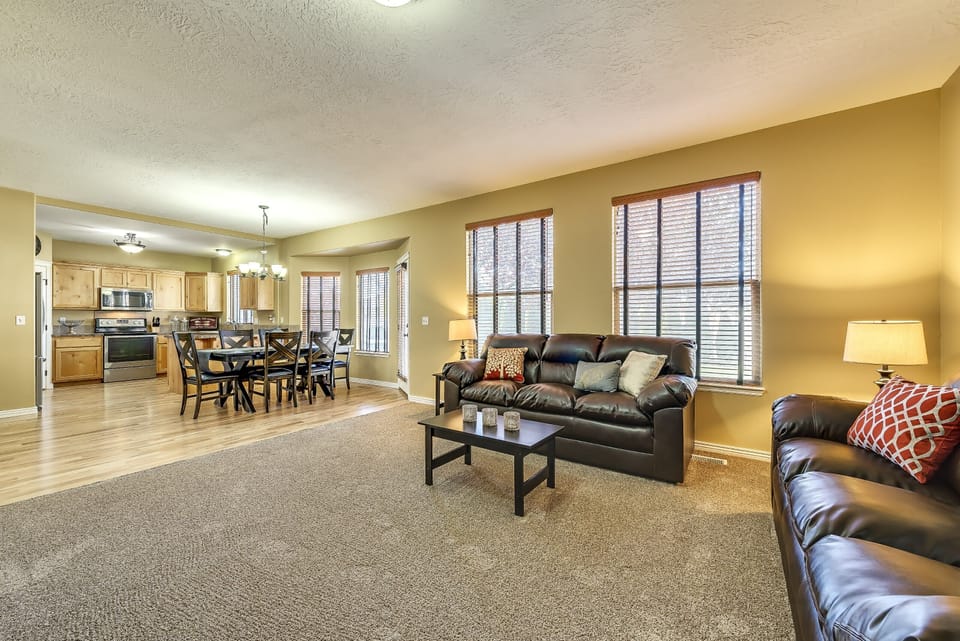 View from the fireplace of open concept floor plan. Lots of space!