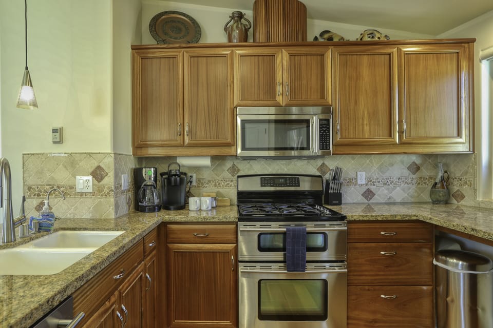 Roomy kitchen with lots of counter work space.
