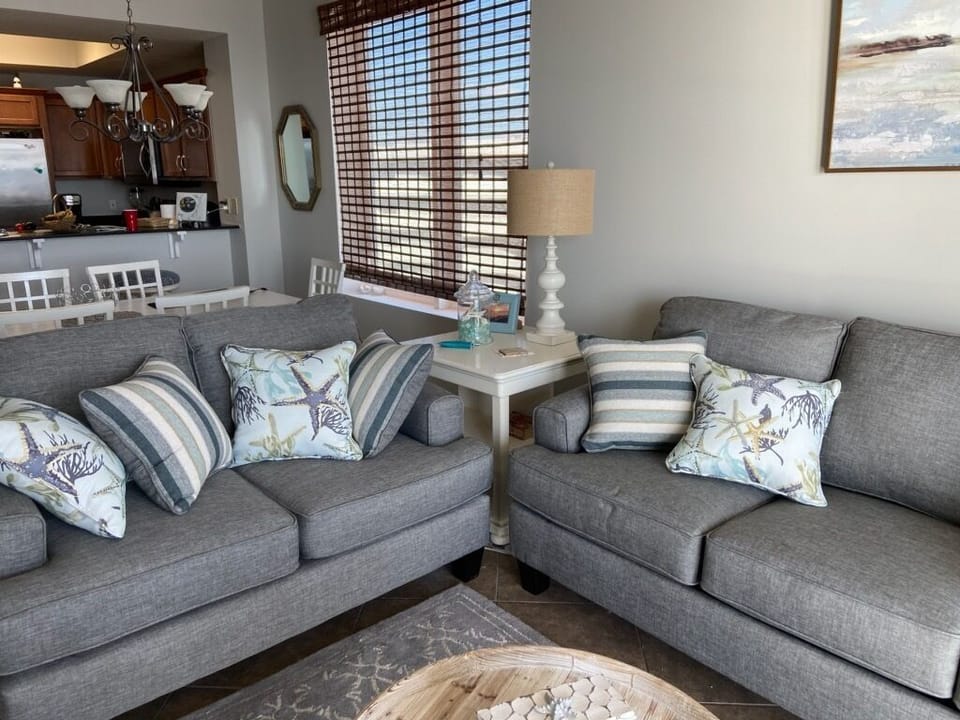 New sleeper sofa and love seat.  End unit with side window facing morning sun!
