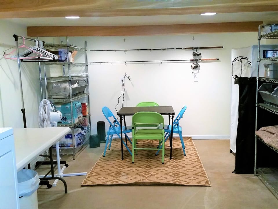 The basement has a card table for loud or late night card players.