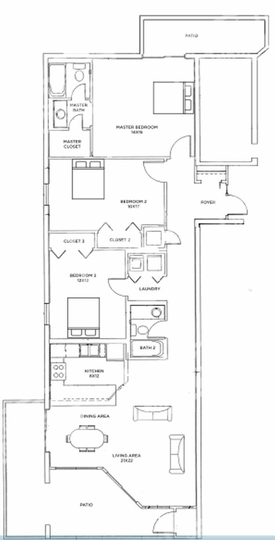 Floor plan of a three-bedroom, two-bath residence featuring a living area, dining space, and modern kitchen layout