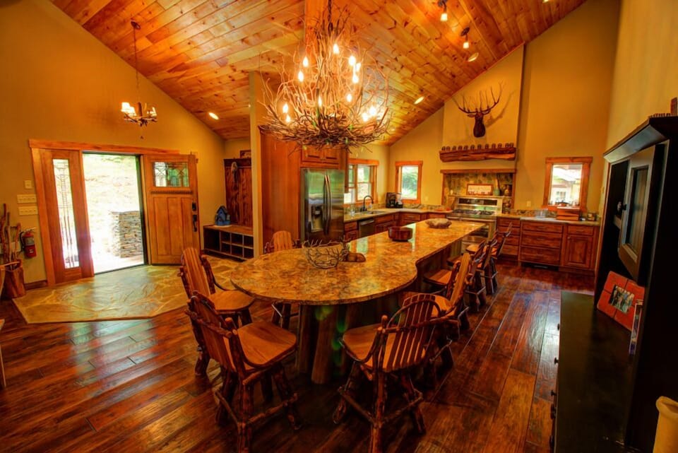 Open floor plan with large island counter top and seating