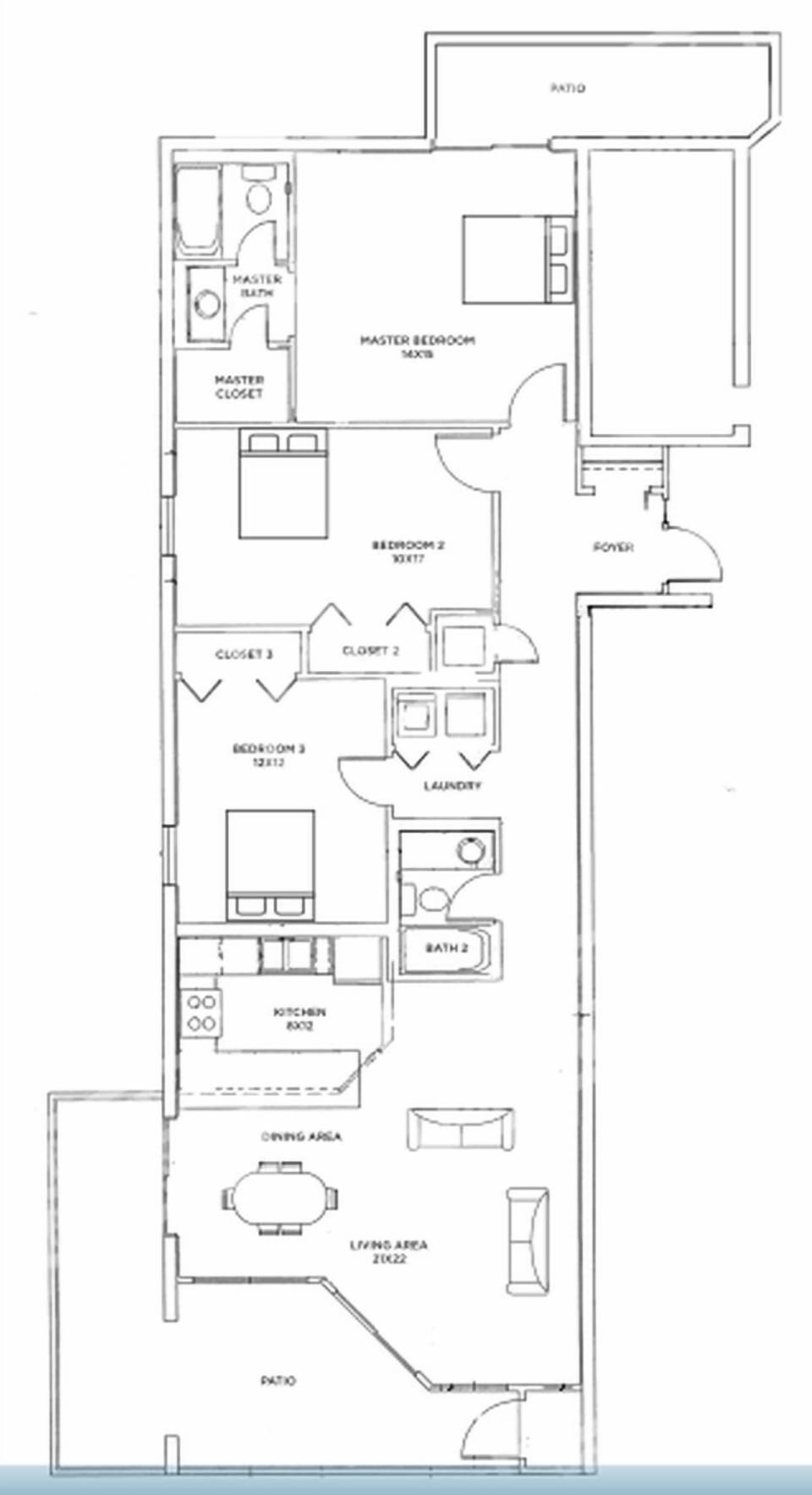 This floor plan showcases a well-organized layout featuring three bedrooms, two bathrooms, and a spacious living area