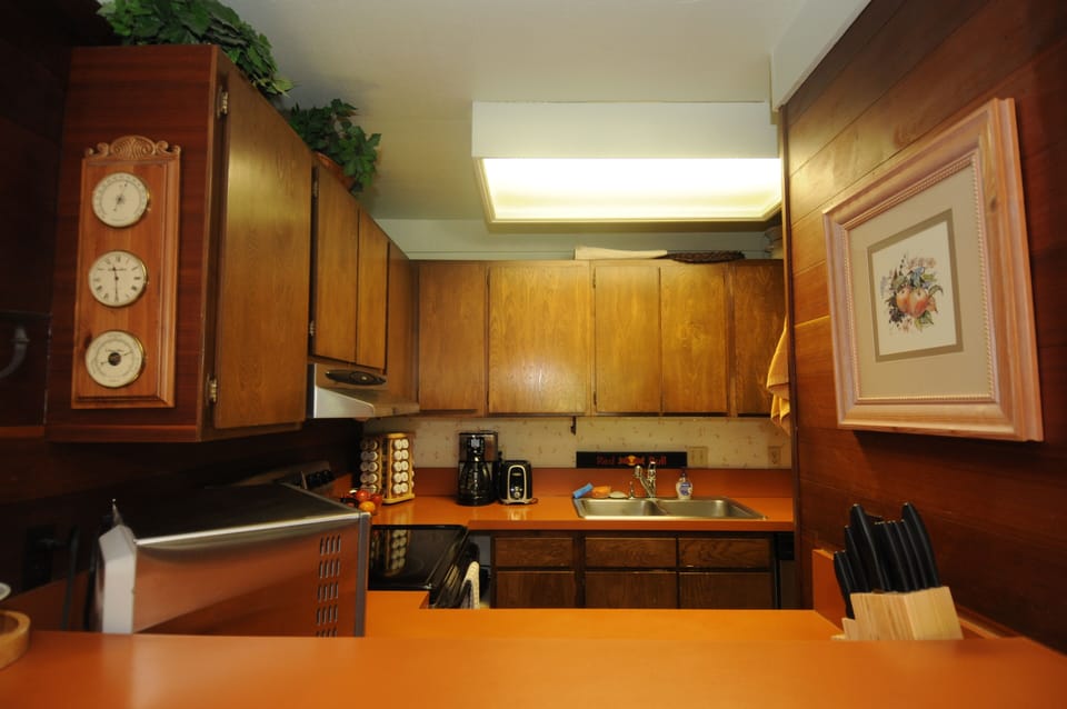 Open kitchen looking that looks into the  living/dining area.