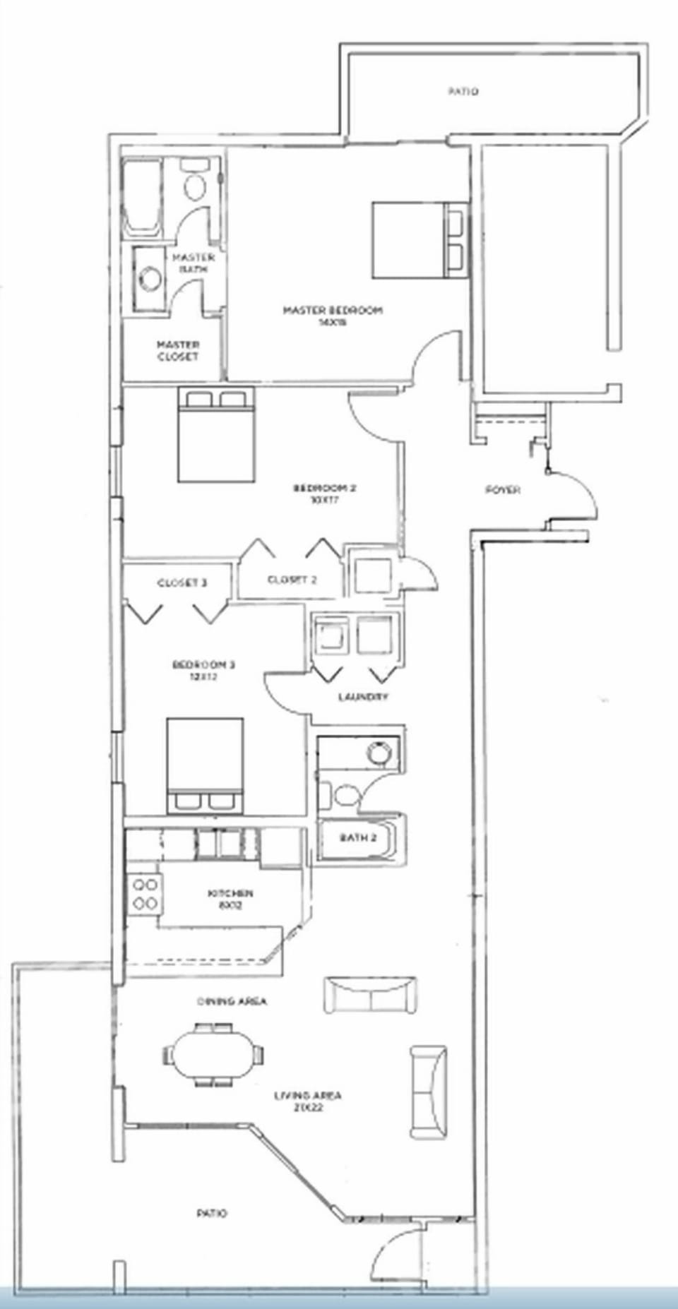 Floor plan showcasing a three-bedroom, two-bath layout with open living and dining areas, plus a well-equipped kitchen