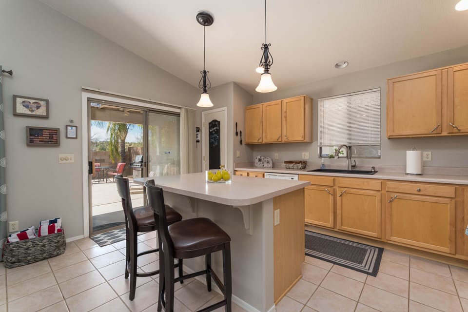 Kitchen overlooking pool 