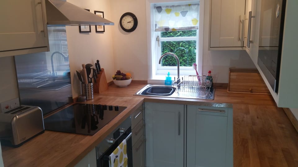 Modern well equipped fitted kitchen with dishwasher and integrated microwave