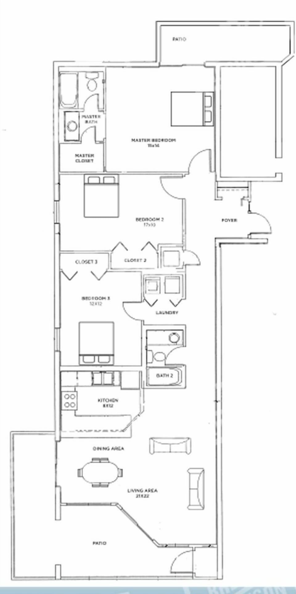 Three-bedroom layout with spacious living area, beach balcony from the living space, and north balcony from the master suite
