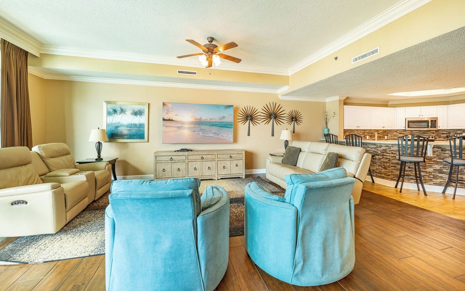 Two comfy recliners and two sofas with queen sleepers invite you to unwind while watching your favorite shows