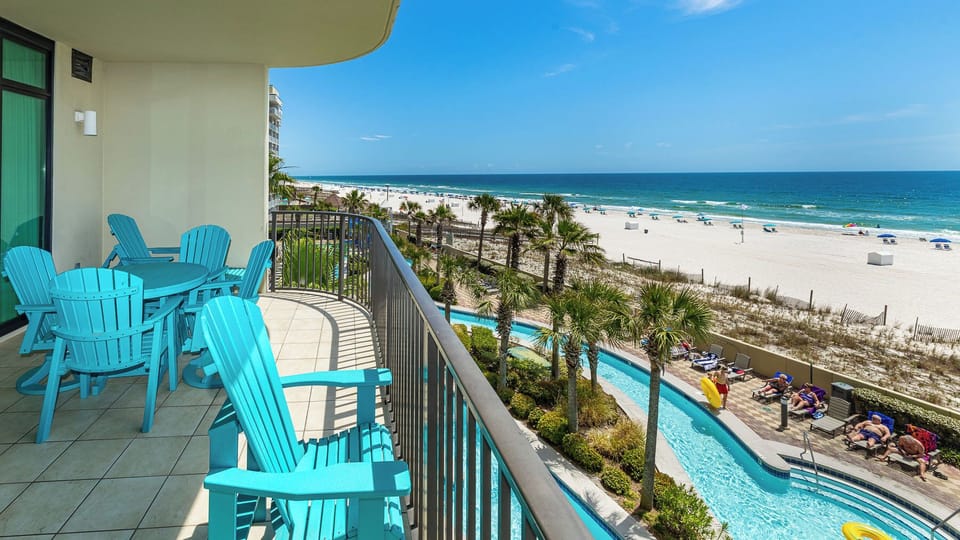 Your balcony offers refreshing gulf breezes and views of the lazy river and shimmering shore