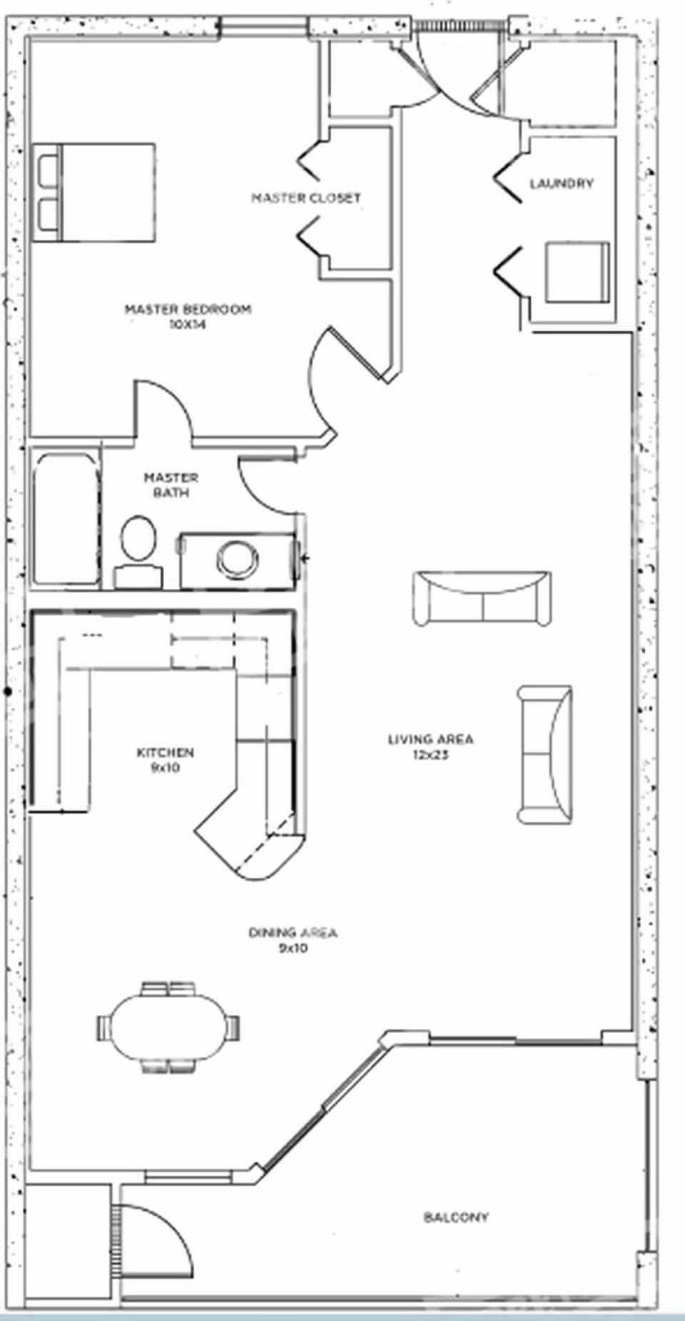 Floor plan of a one-bedroom residence featuring a master bedroom, living area, kitchen, and balcony, ideal for vacation stays