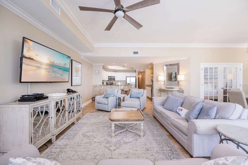 Lounge comfortably in the living room, featuring a sofa with queen sleeper for additional guests
