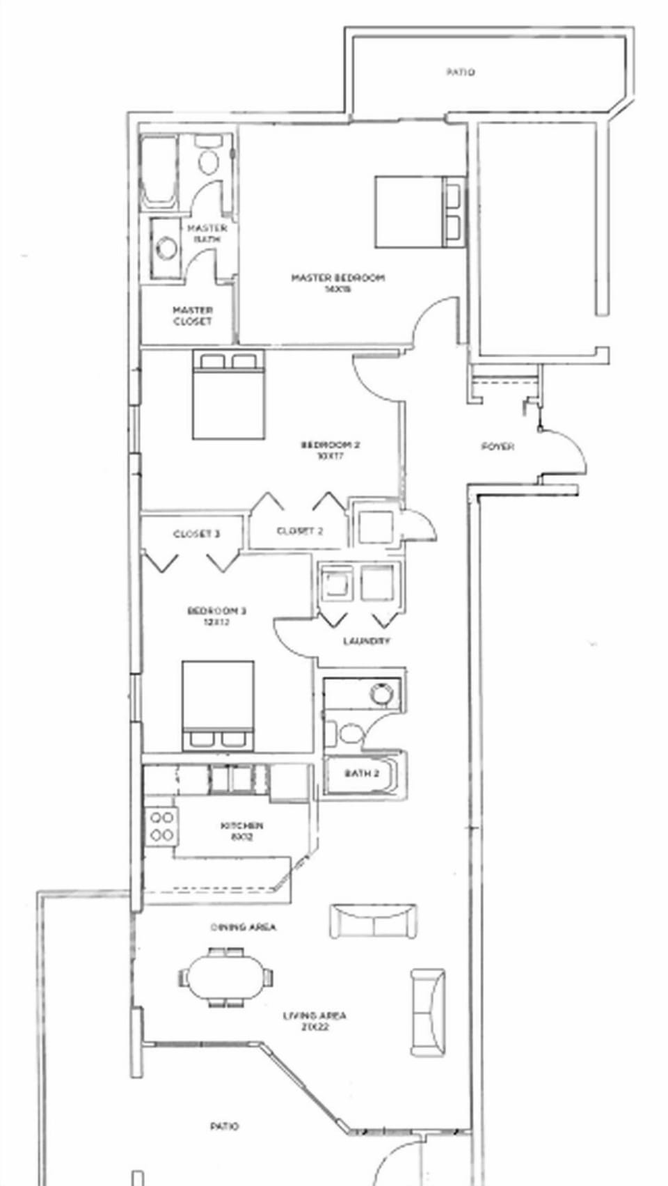 Floor plan showcasing a three-bedroom, two-bath layout with a spacious living area, dining space, and well-equipped kitchen