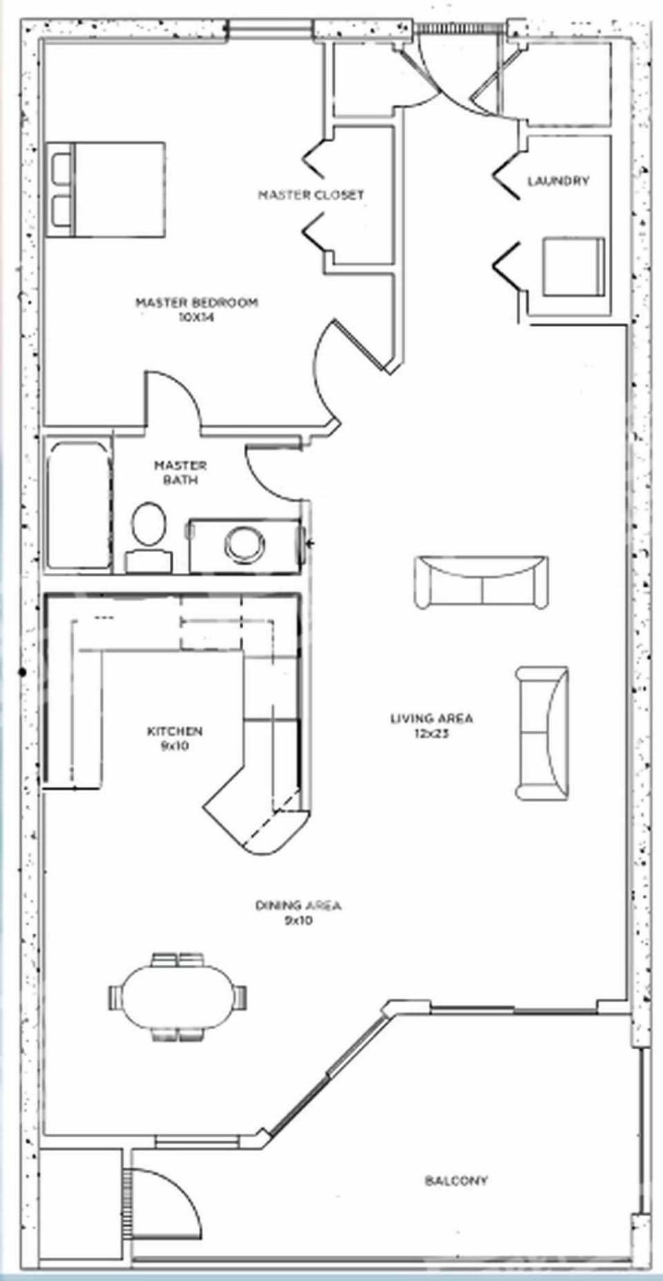 Floor plan showcasing a one-bedroom layout with a living area, kitchen, dining space, additional half bath, and balcony