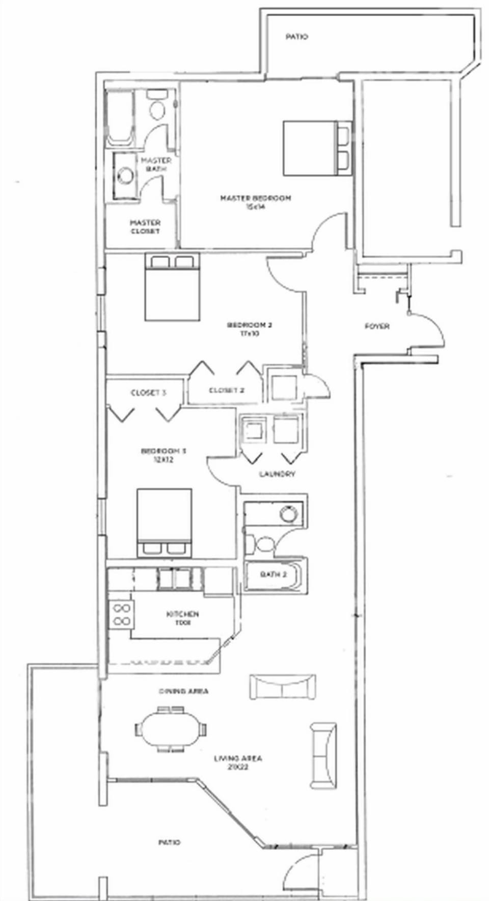 Floor plan showcasing a three-bedroom, two-bath residence with an open living area, dining space, and patio access