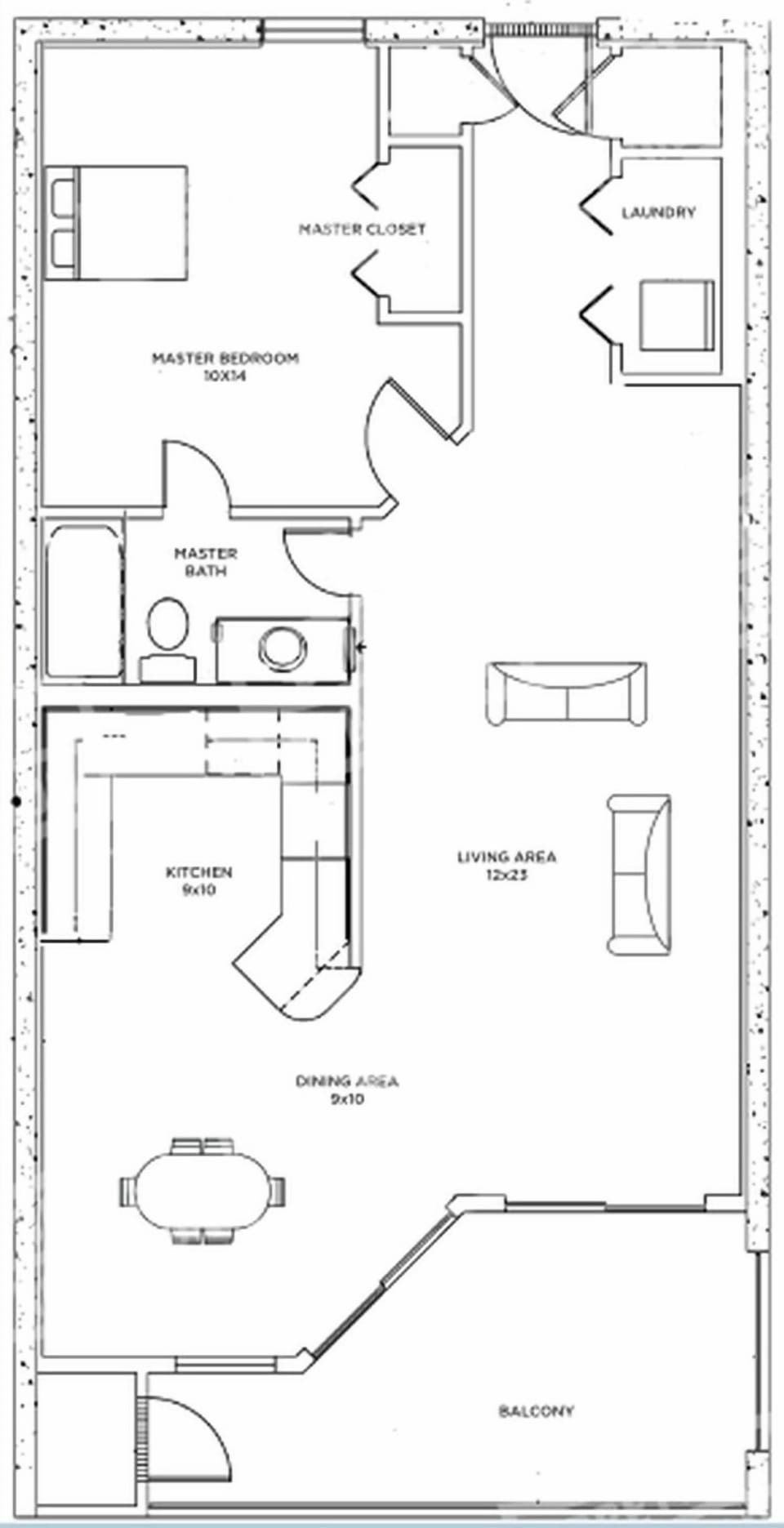 Floor plan showcasing a 1-bedroom layout with a living area, dining space, kitchen, and balcony for comfortable living