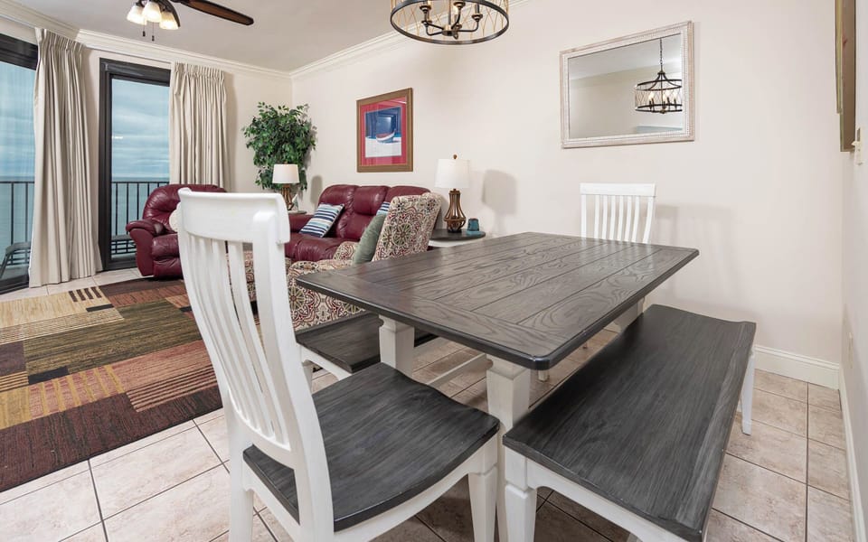 Dine comfortably at the stylish table, with inviting seating and a view that enhances your meal experience