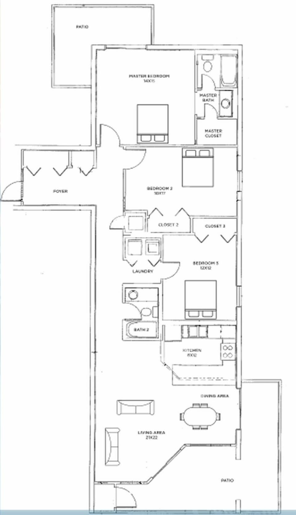 Three-bedroom layout with spacious living area, beach balcony from the living space, and north balcony from the master suite
