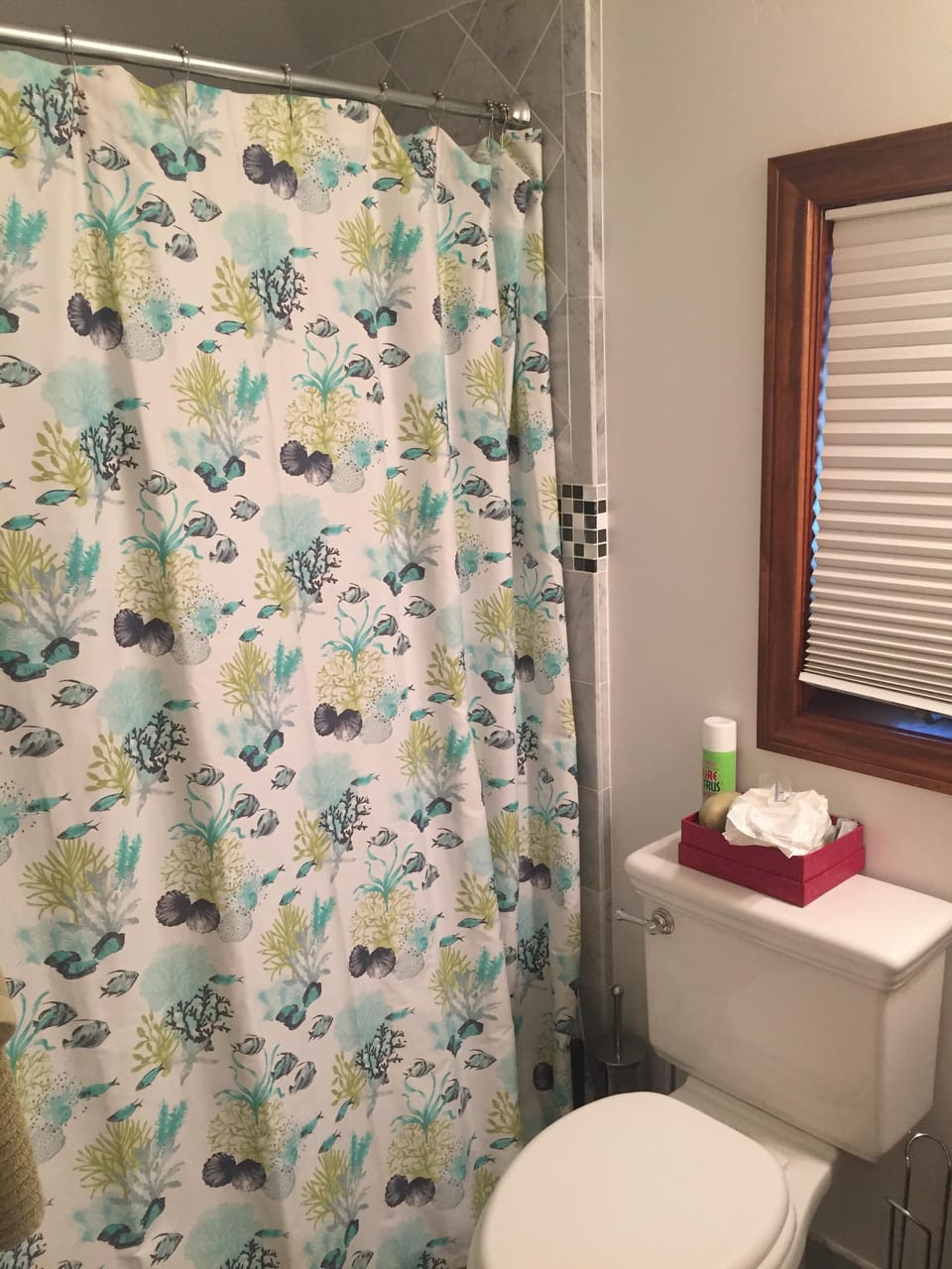 3/4 bath with shower, sink, toilet and medicine cabinet. 